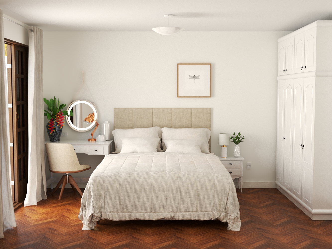 Este quarto combina simplicidade, elegância e contemporaneidade. A paleta minimalista de cores sóbrias cria uma sensação de calma, enquanto cada objeto cuidadosamente selecionado adiciona detalhes refinados e harmoniosos ao ambiente.